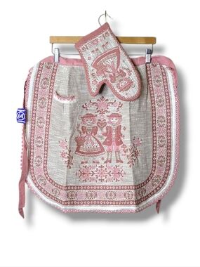 Vintage Kolf Austria Apron & Matching Oven Mit NWT Crochet Trim Linen Cotton